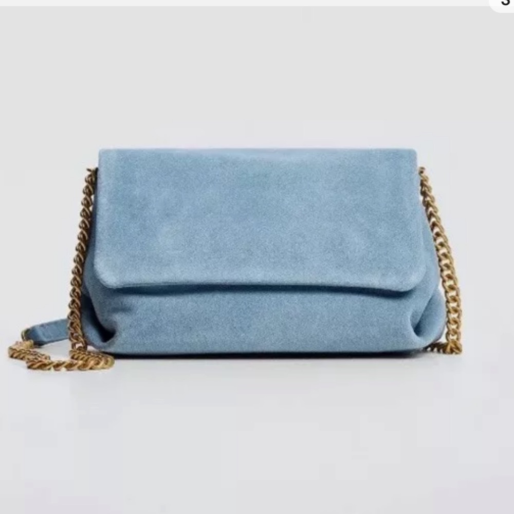 Like new - blue suede Mango bag with gold chain detail